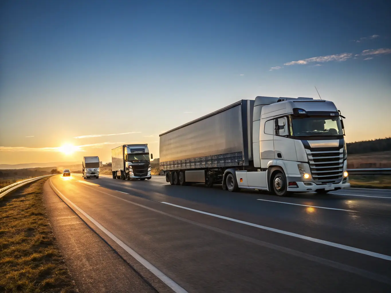 A dynamic image of cargo trucks moving efficiently across a map of America, highlighting the extensive reach and coverage of Doby Alliance's carrier network.