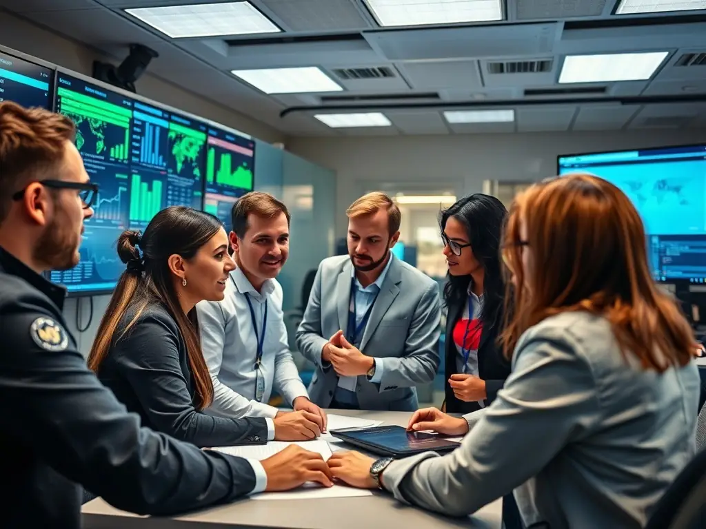 A detailed image showcasing a diverse group of freight brokers collaborating in a modern office setting, emphasizing teamwork and communication within the Doby Alliance network.